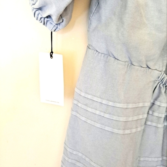 7 For All Mankind Light Wash Denim Back Tie Puff Sleeve Babydoll Mini-Dress - Picture 5 of 10